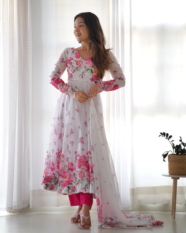 Fashionable Organza Silk White Color Anarkali Gown NKB-38