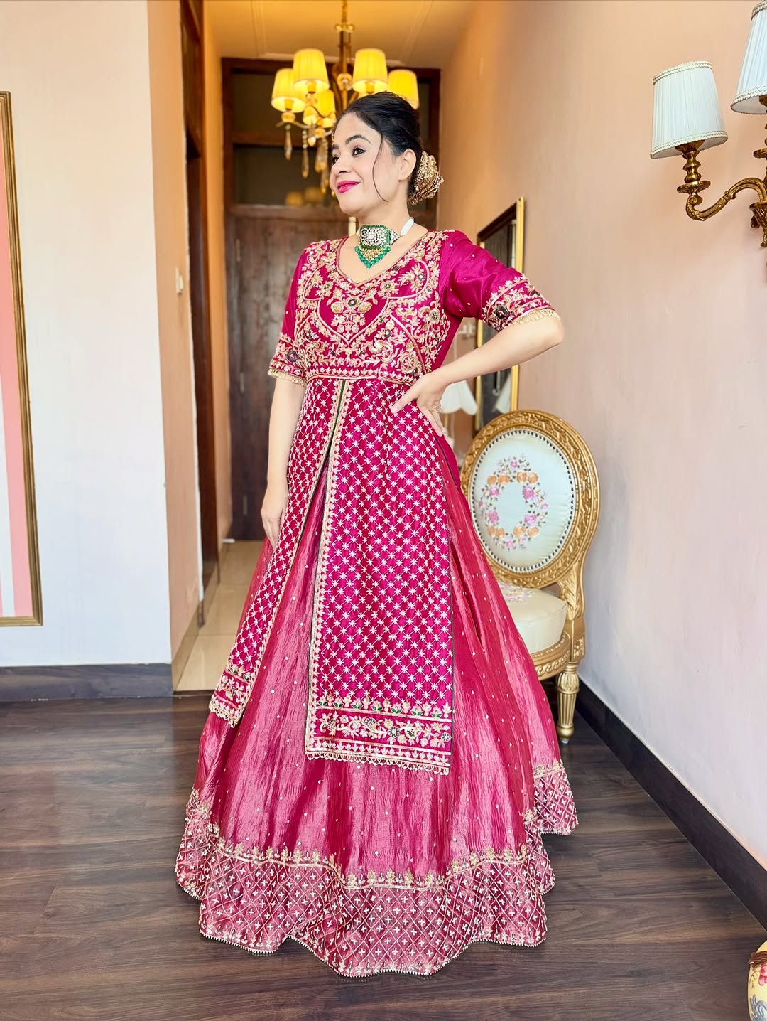 Heavy Embroidered Chinon Silk Lehenga Set Main image