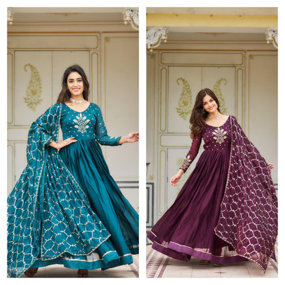 Awesome Rangoli Embroidery Work Teal Blue & Wine Color Gown Ram-022