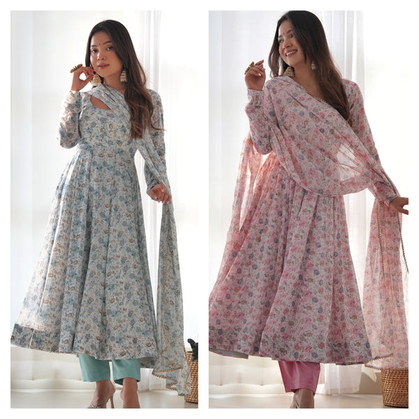 Unique Chiffon Floral Print Sky Blue And Pink Color Anarkali Suit KB-262