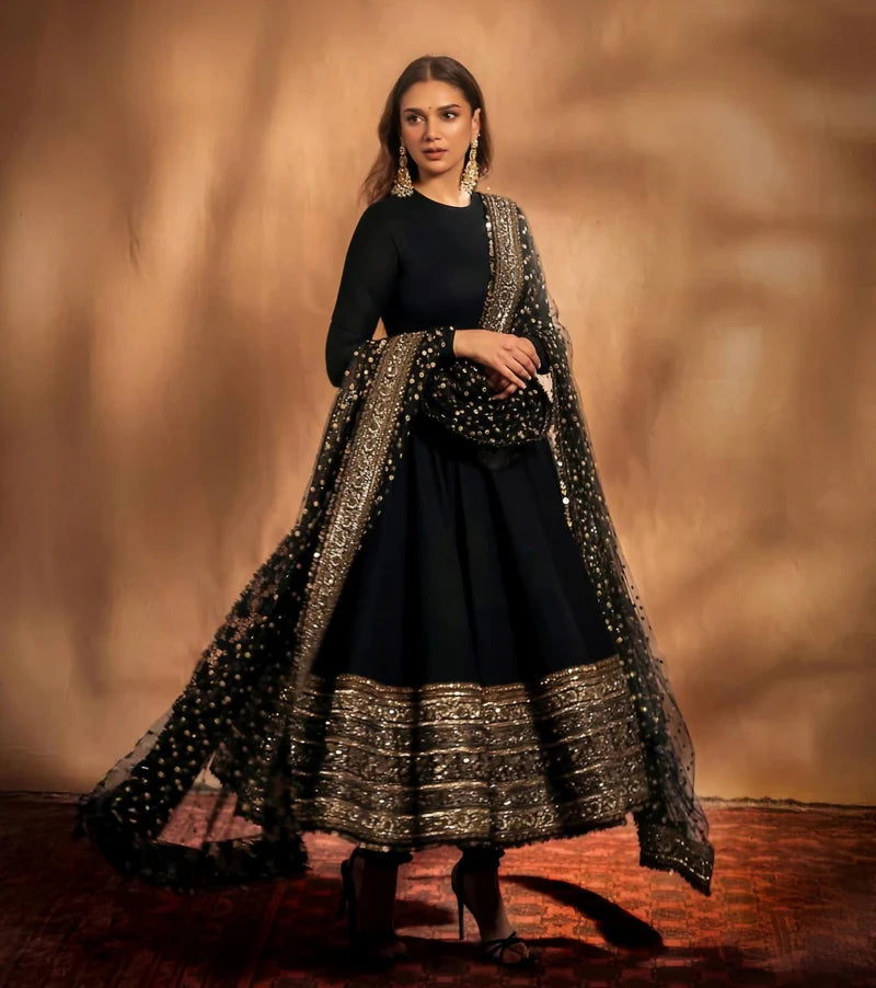 Designer Zari Work Black Color Anarkali Gown