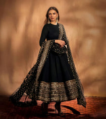 Black Rayon Embroidered Anarkali Suit Set