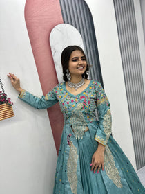 Aqua Color Embroidered Designer Lehenga Set