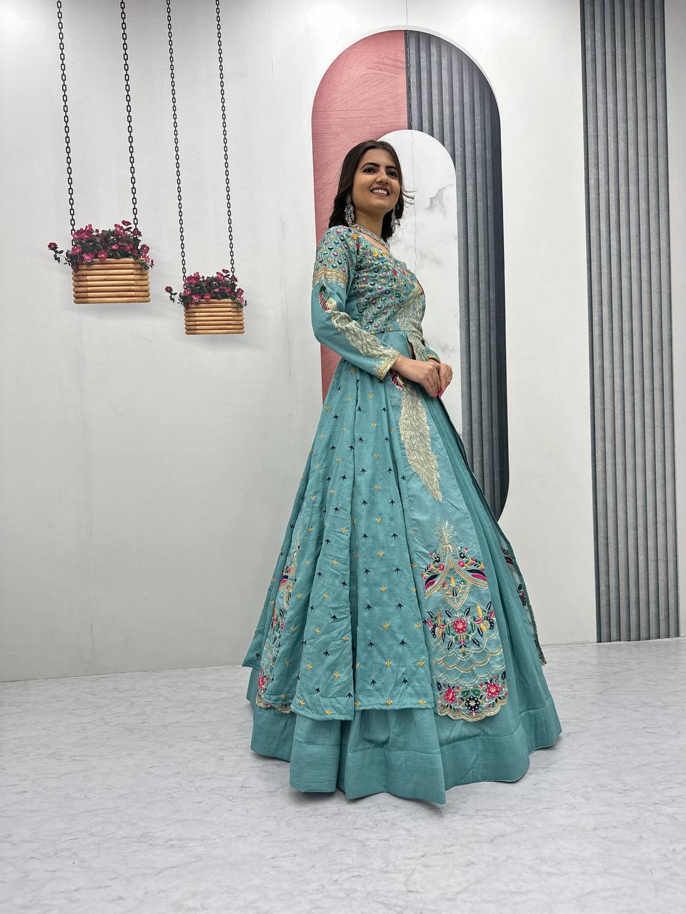 Aqua Color Embroidered Designer Lehenga Set