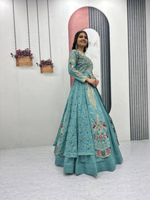 Aqua Color Embroidered Designer Lehenga Set