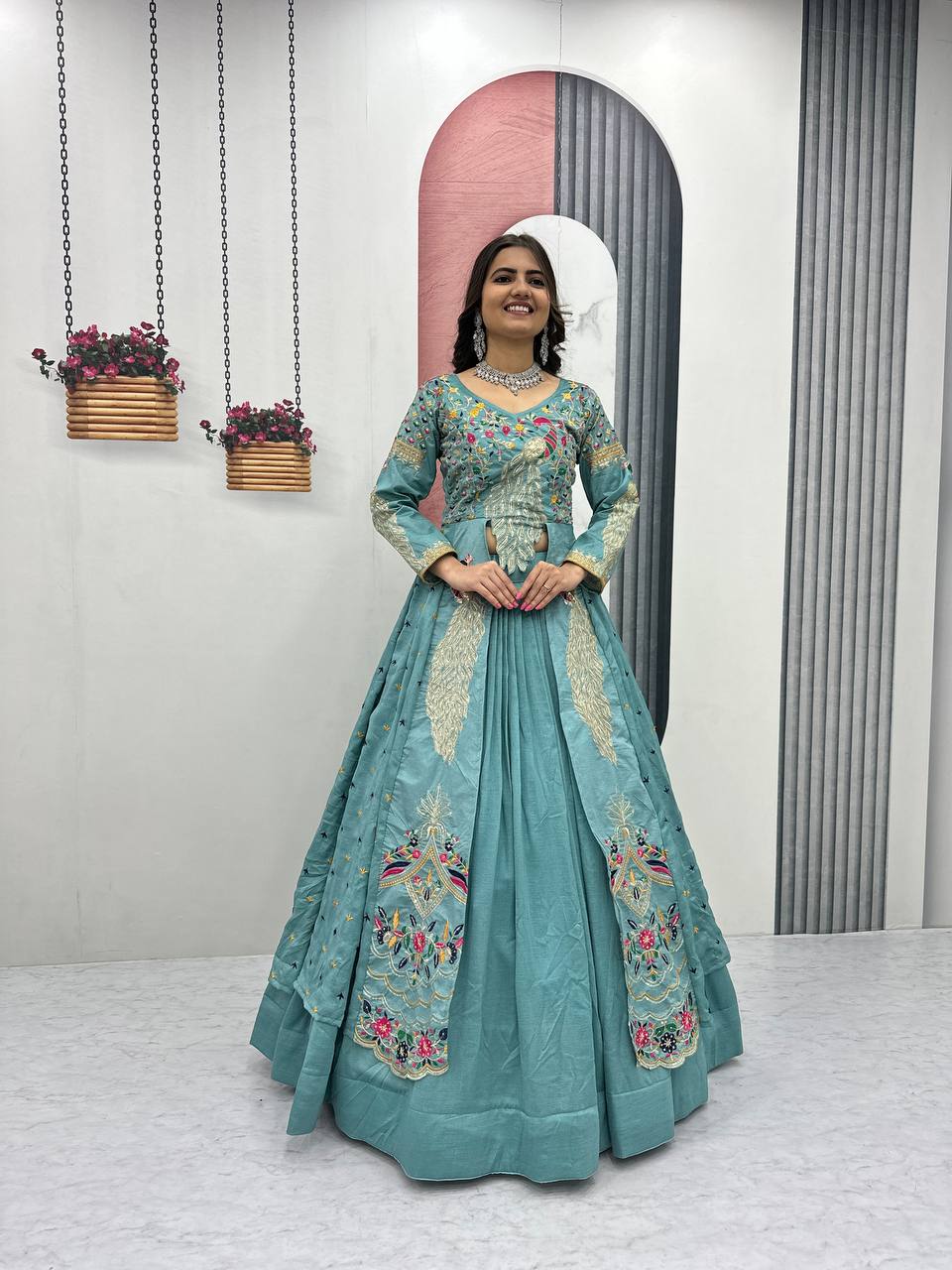Aqua Color Embroidered Designer Lehenga Set