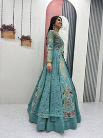 Aqua Color Embroidered Designer Lehenga Set