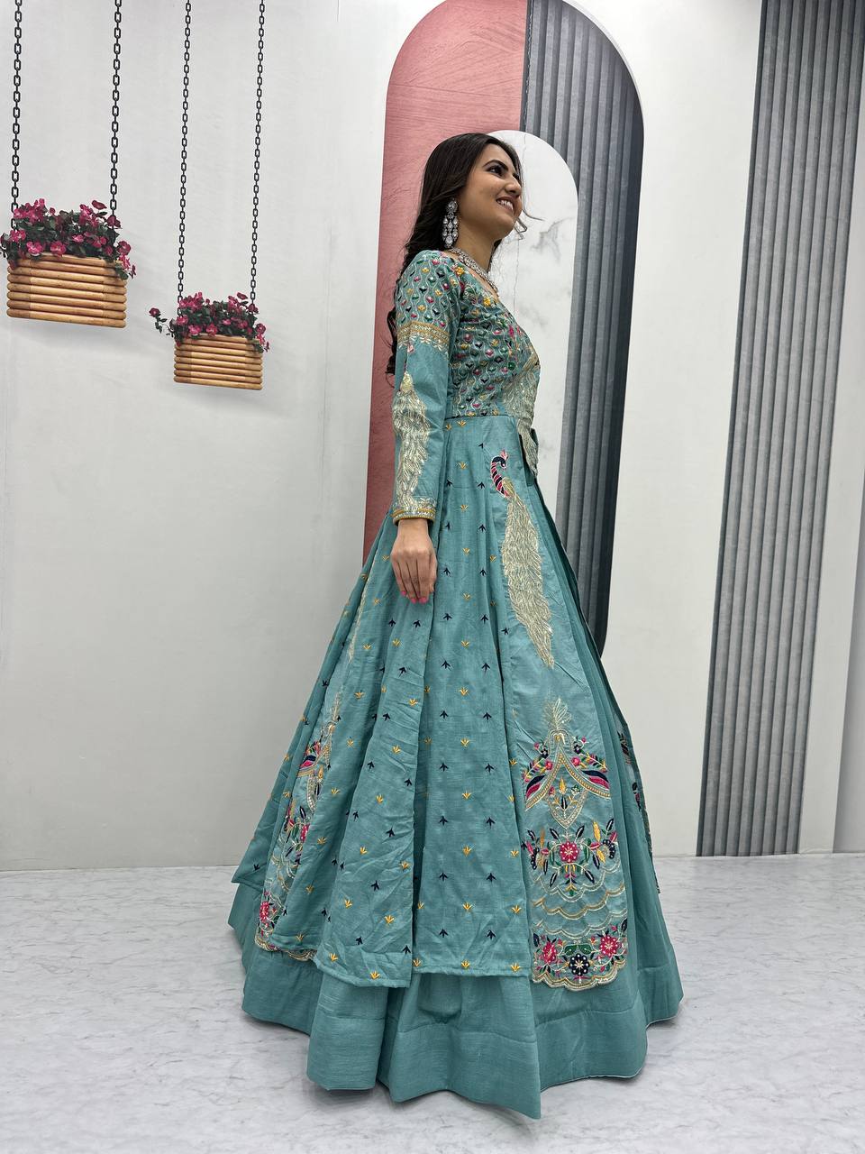Aqua Color Embroidered Designer Lehenga Set