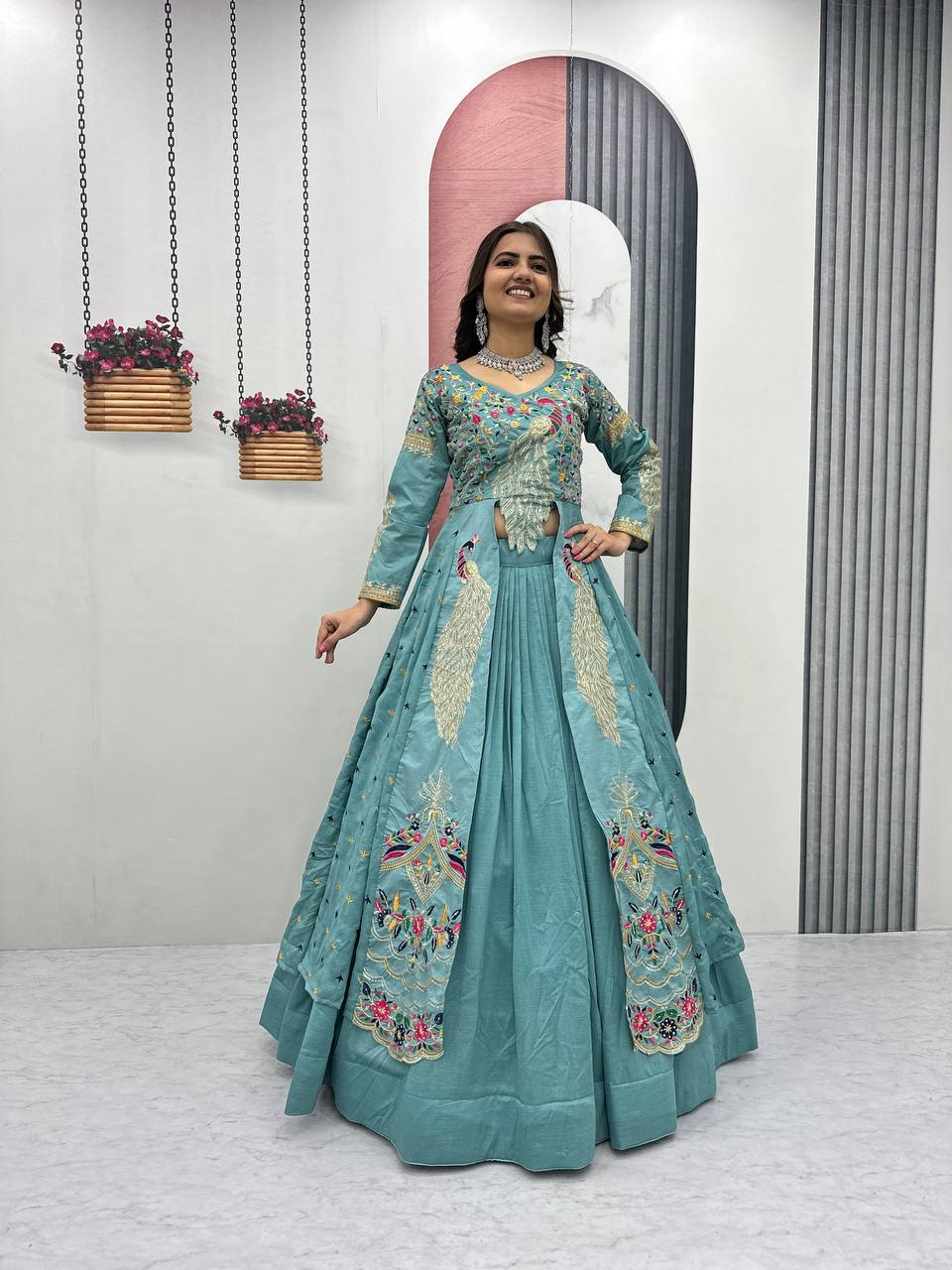 Aqua Color Embroidered Designer Lehenga Set