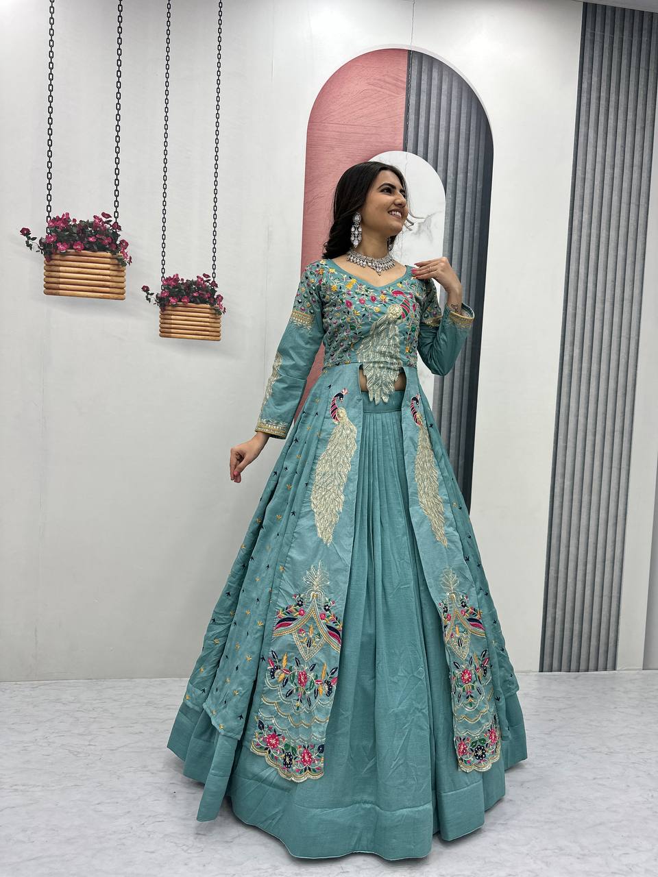 Aqua Color Embroidered Designer Lehenga Set