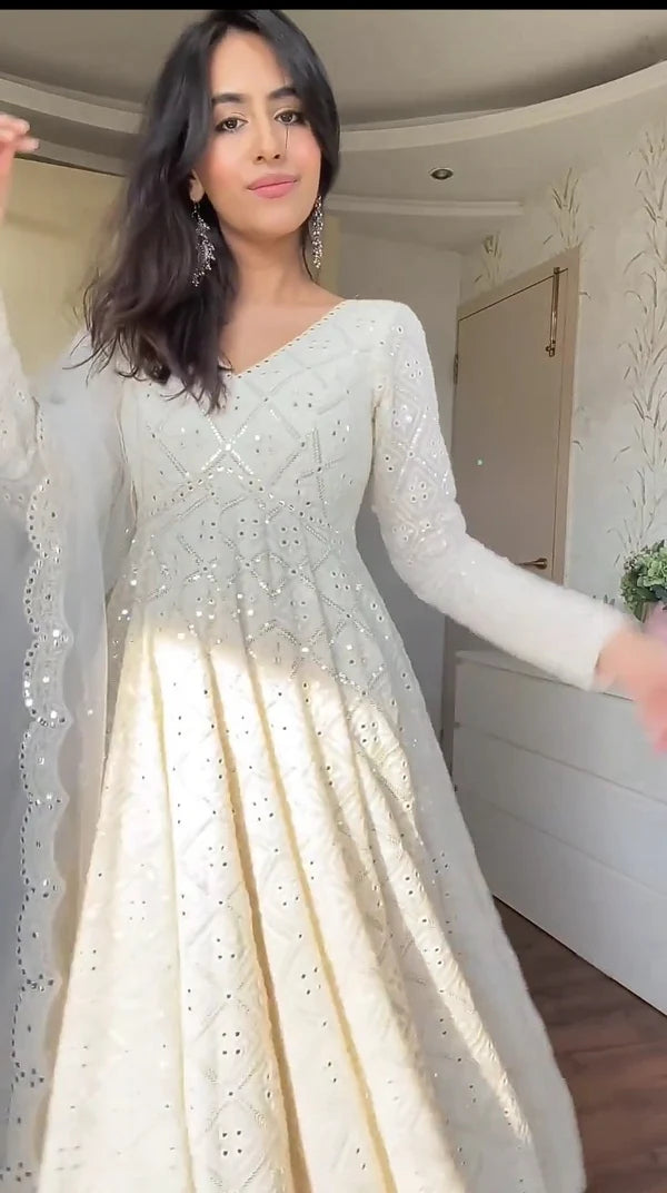 Off White Georgette Sequin Embroidered Anarkali