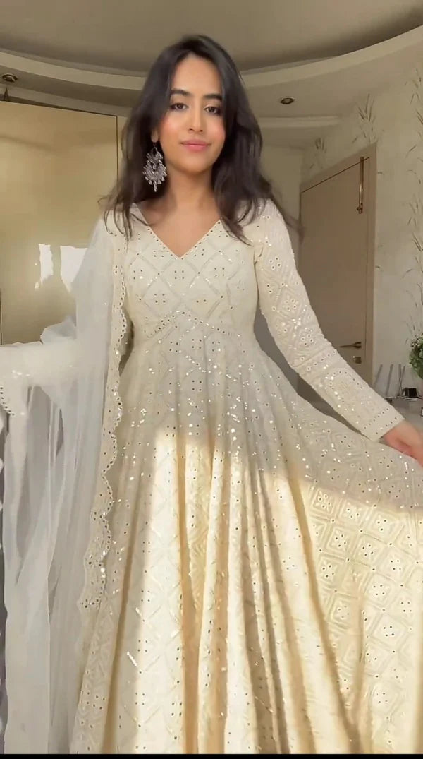 Off White Georgette Sequin Embroidered Anarkali