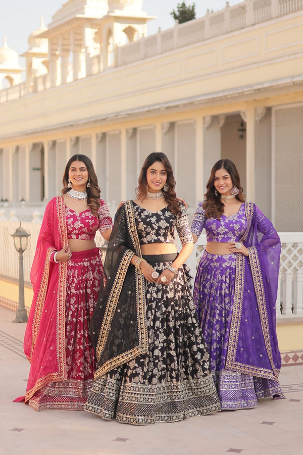 Weeding Wear Black, Pink And Purple Color Jacquard Sequence Work Lehenga Choli LW-7080