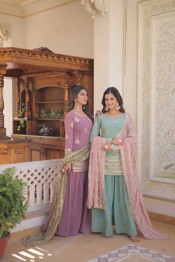 Wonderful Embroidery Work Peach & Sky Color Palazzo Suit KA-1079