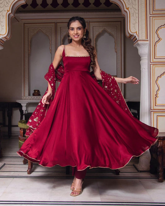 Presenting Red Color Plain Georgette Gown SRK-5128