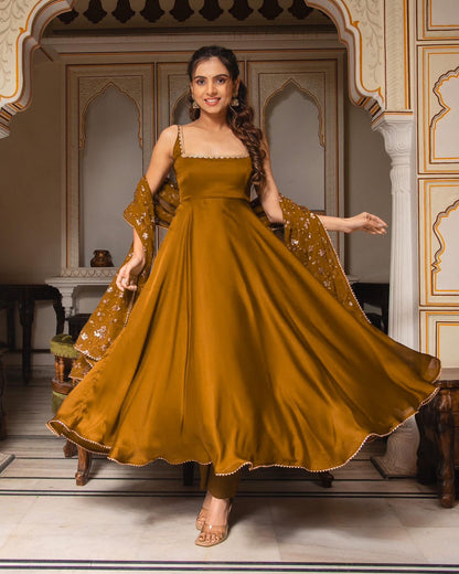 Presenting Yellow Color Plain Georgette Gown SRK-5128