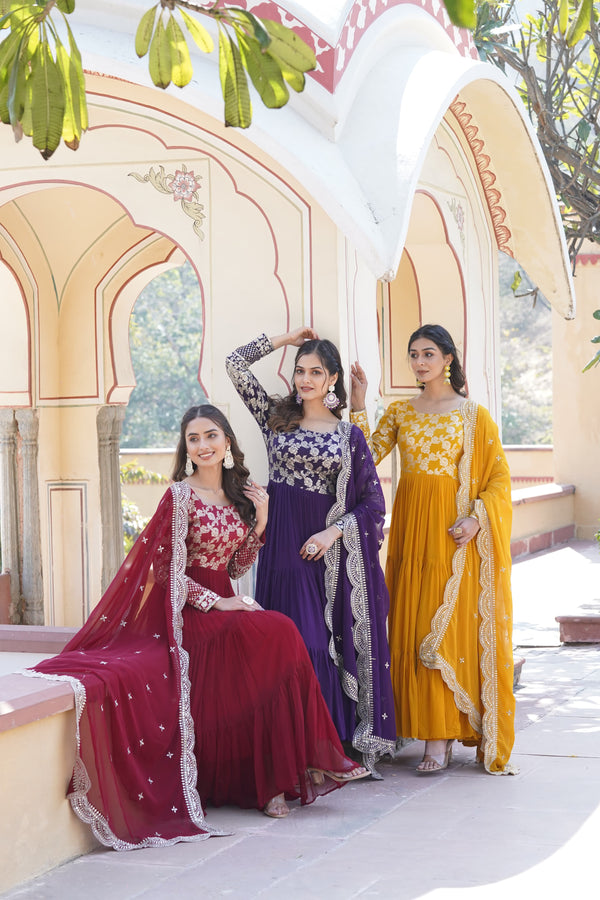Festive Wear Red, Yellow And Purple Color Jacquard Work Gown LW-9155