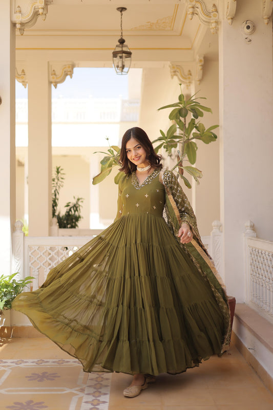 Captivating Georgette Onion And Mehndi Color Layer Flair Gown LW-9178