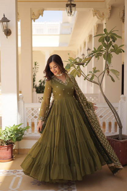 Captivating Georgette Onion And Mehndi Color Layer Flair Gown LW-9178