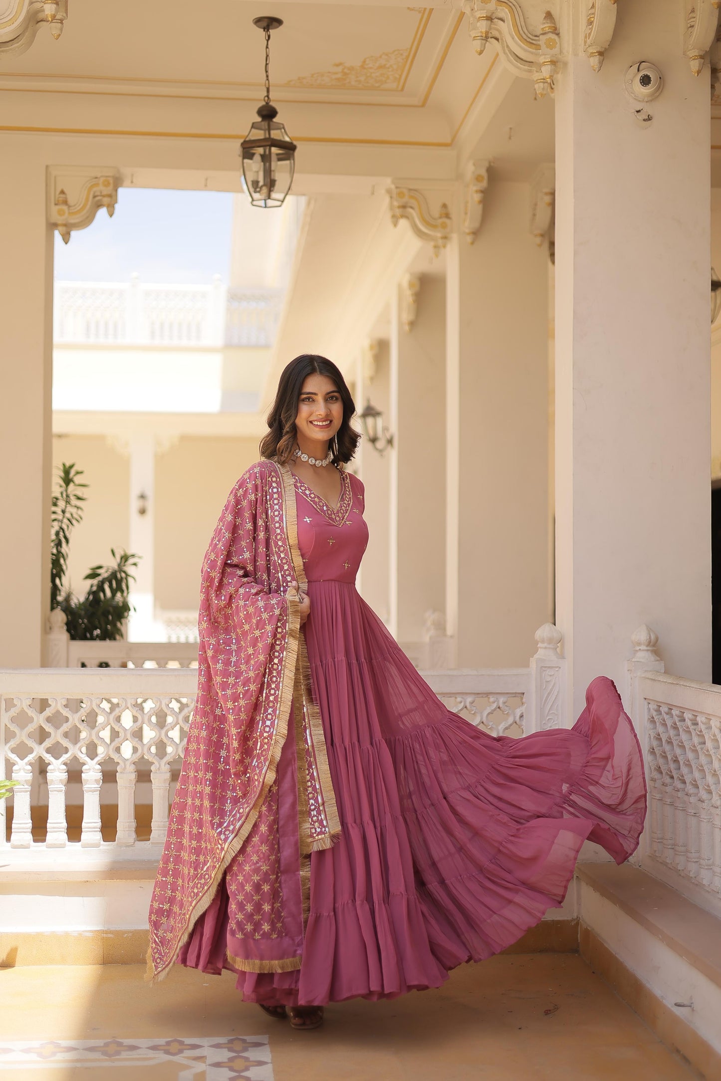 Captivating Georgette Onion And Mehndi Color Layer Flair Gown LW-9178