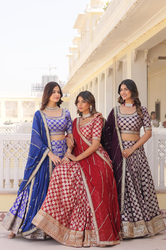 Blissful Pure Dyable Jacquard Blue, Red And Wine Color Lehenga Choli LW-7100