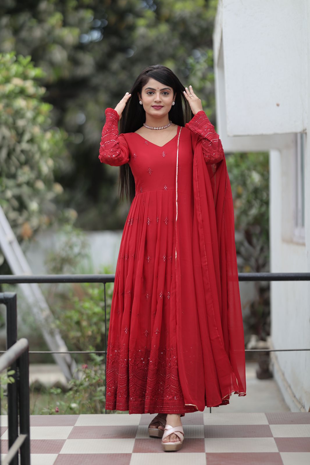 Fabulous Embroidery Work Marron Color Gown Main image