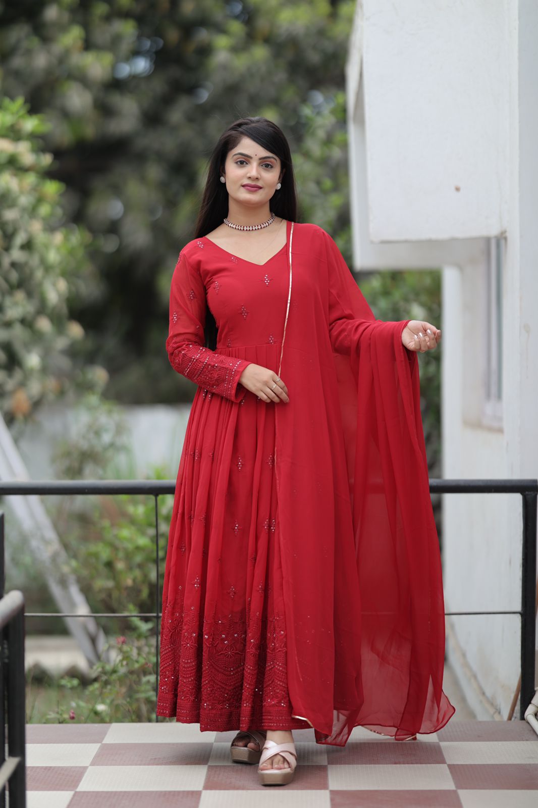 Fabulous Embroidery Work Marron Color Gown Secondary image