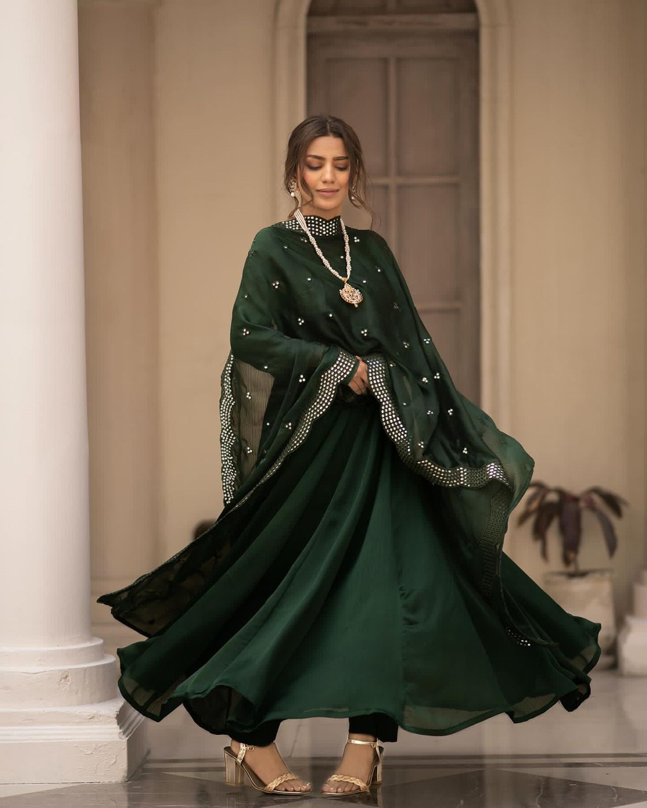 Green Roman Cotton Anarkali Suit Set Secondary image