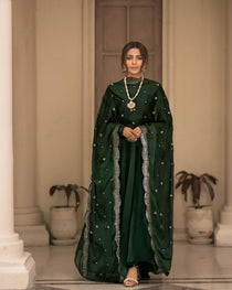 Green Roman Cotton Anarkali Suit Set with Embroidered Dupatta