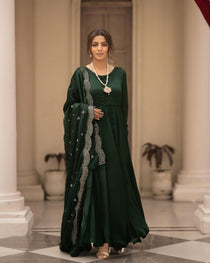 Green Roman Cotton Anarkali Suit Set