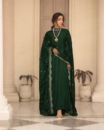 Green Roman Cotton Anarkali Suit Set