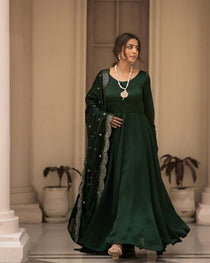 Green Roman Cotton Anarkali Suit Set