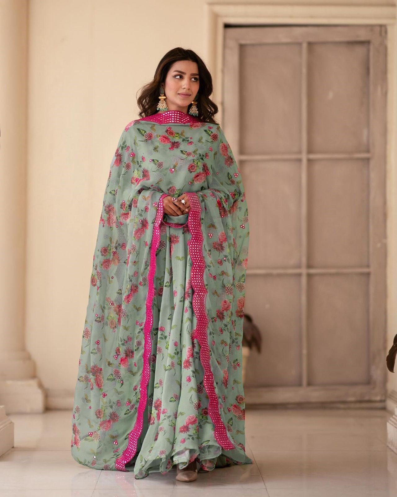 Sky Floral Sinon Anarkali Gown with Embroidered Dupatta Main image