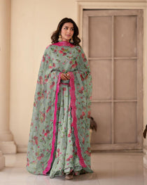 Sky Floral Sinon Anarkali Gown with Embroidered Dupatta