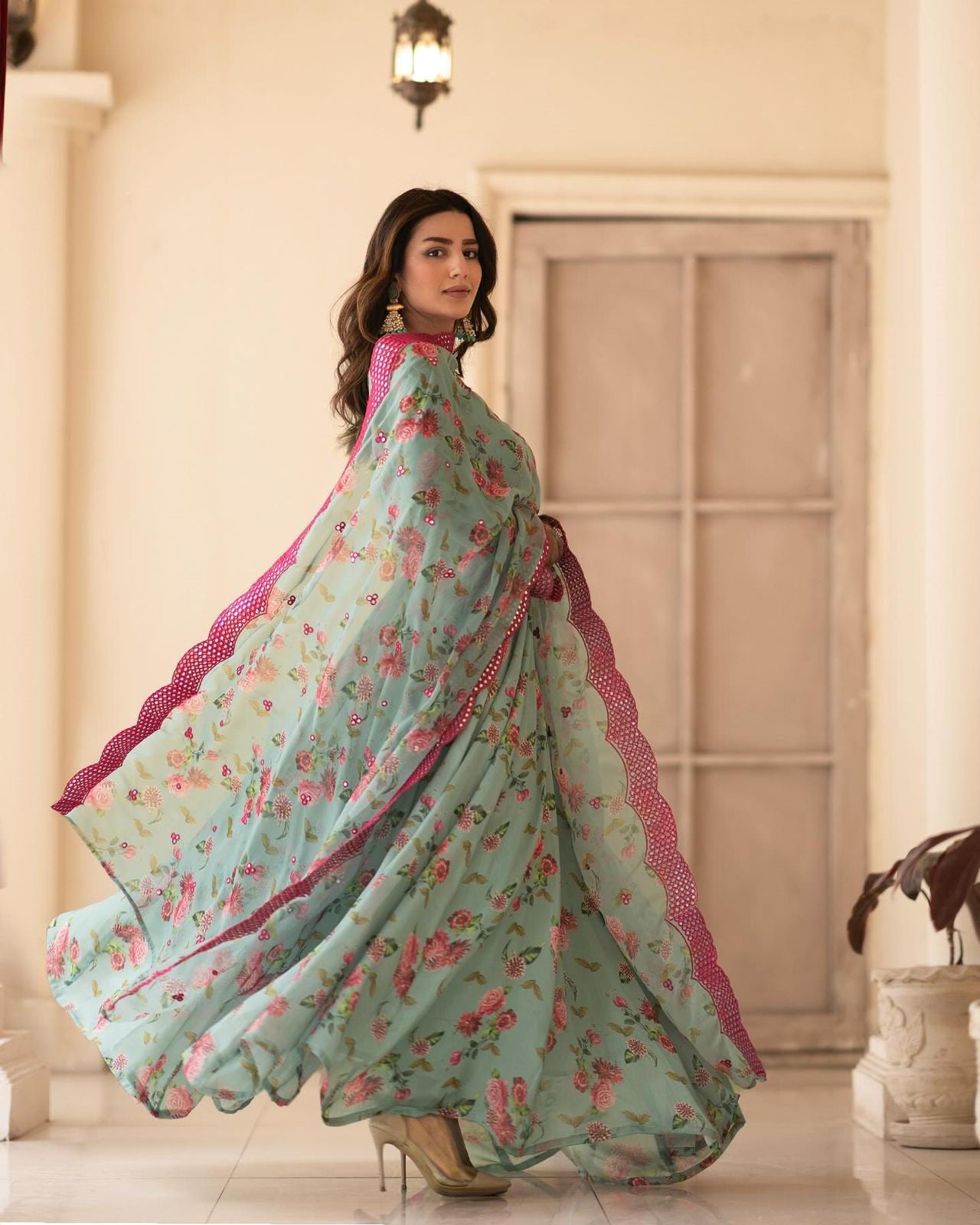 Sky Floral Sinon Anarkali Gown with Dupatta Secondary image