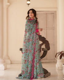 Sky Floral Sinon Anarkali Gown with Dupatta