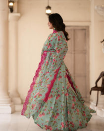 Sky Floral Sinon Anarkali Gown with Dupatta