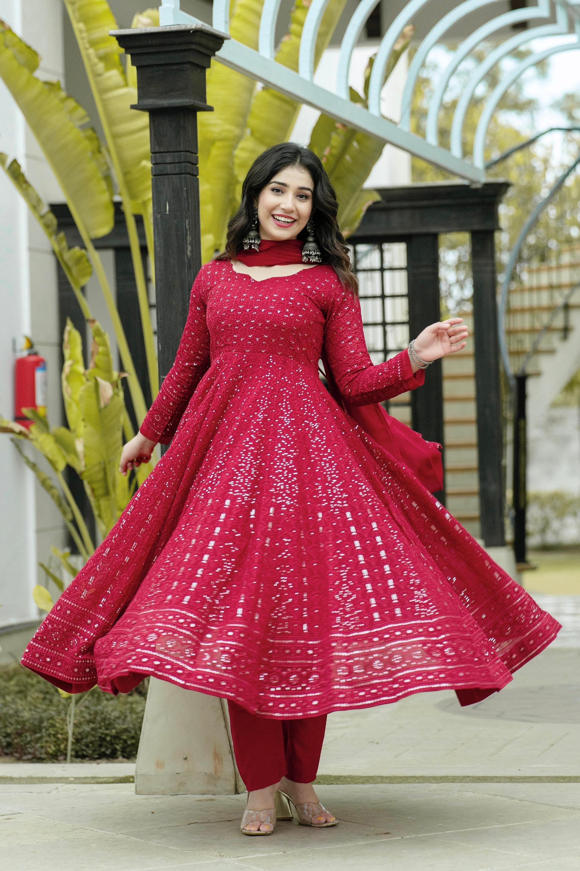 Maroon Faux Georgette Embroidered Anarkali Suit Set Secondary image