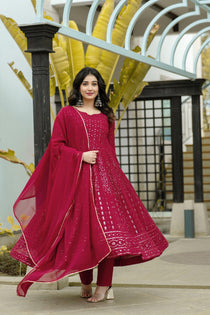 Maroon Faux Georgette Embroidered Anarkali Suit Set