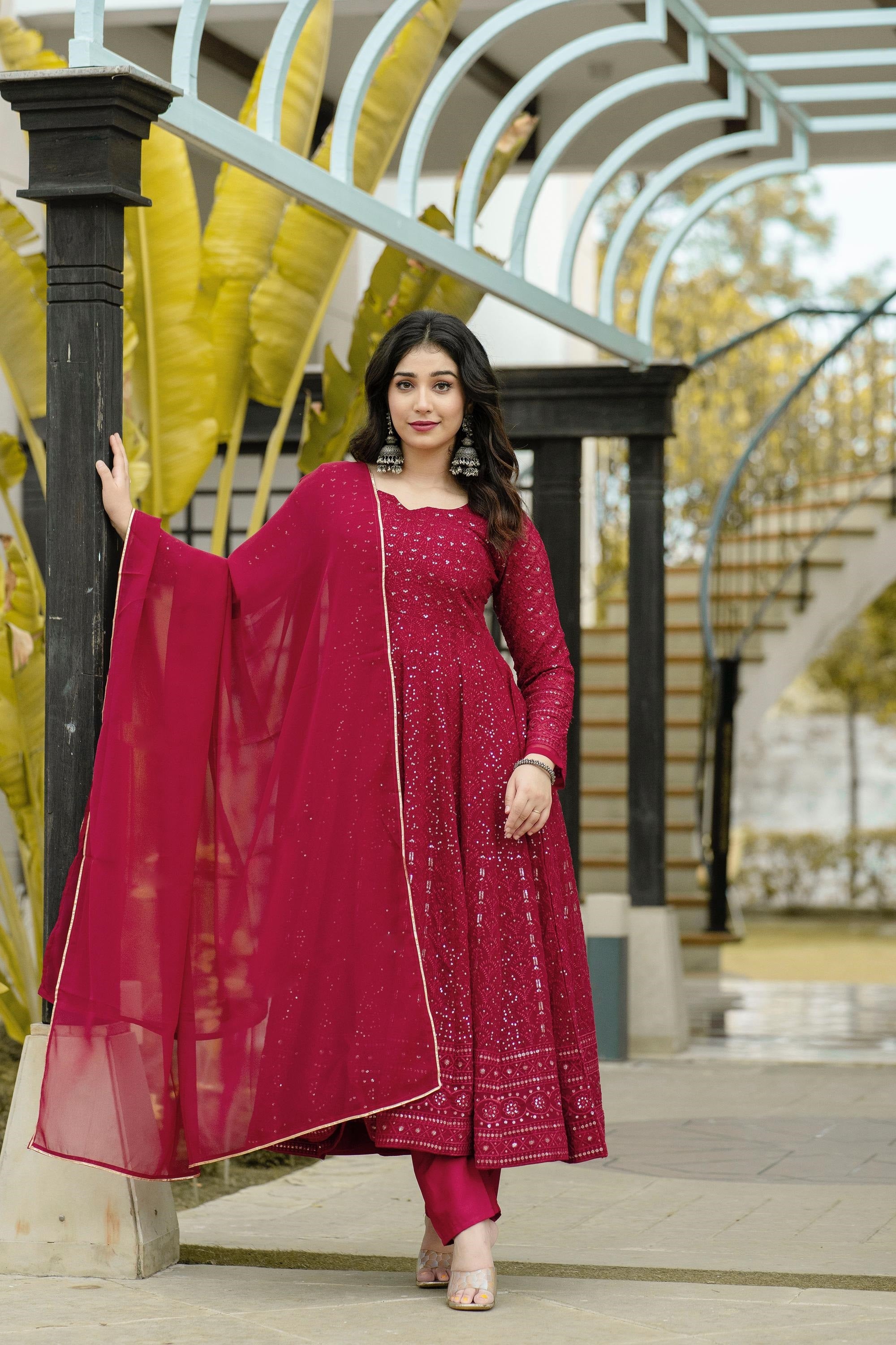 Maroon Faux Georgette Embroidered Anarkali Suit Set with Dupatta Main image