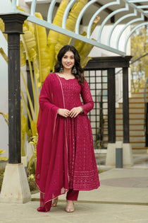 Maroon Faux Georgette Embroidered Anarkali Suit Set