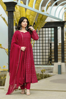 Maroon Faux Georgette Embroidered Anarkali Suit Set