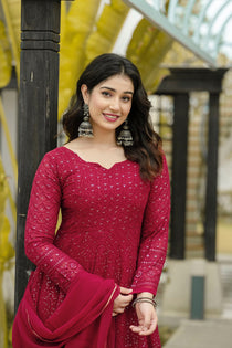 Maroon Faux Georgette Embroidered Anarkali Suit Set