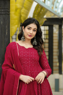 Maroon Faux Georgette Embroidered Anarkali Suit Set