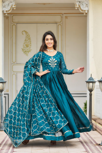 Awesome Rangoli Embroidery Work Teal Blue & Wine Color Gown Ram-022