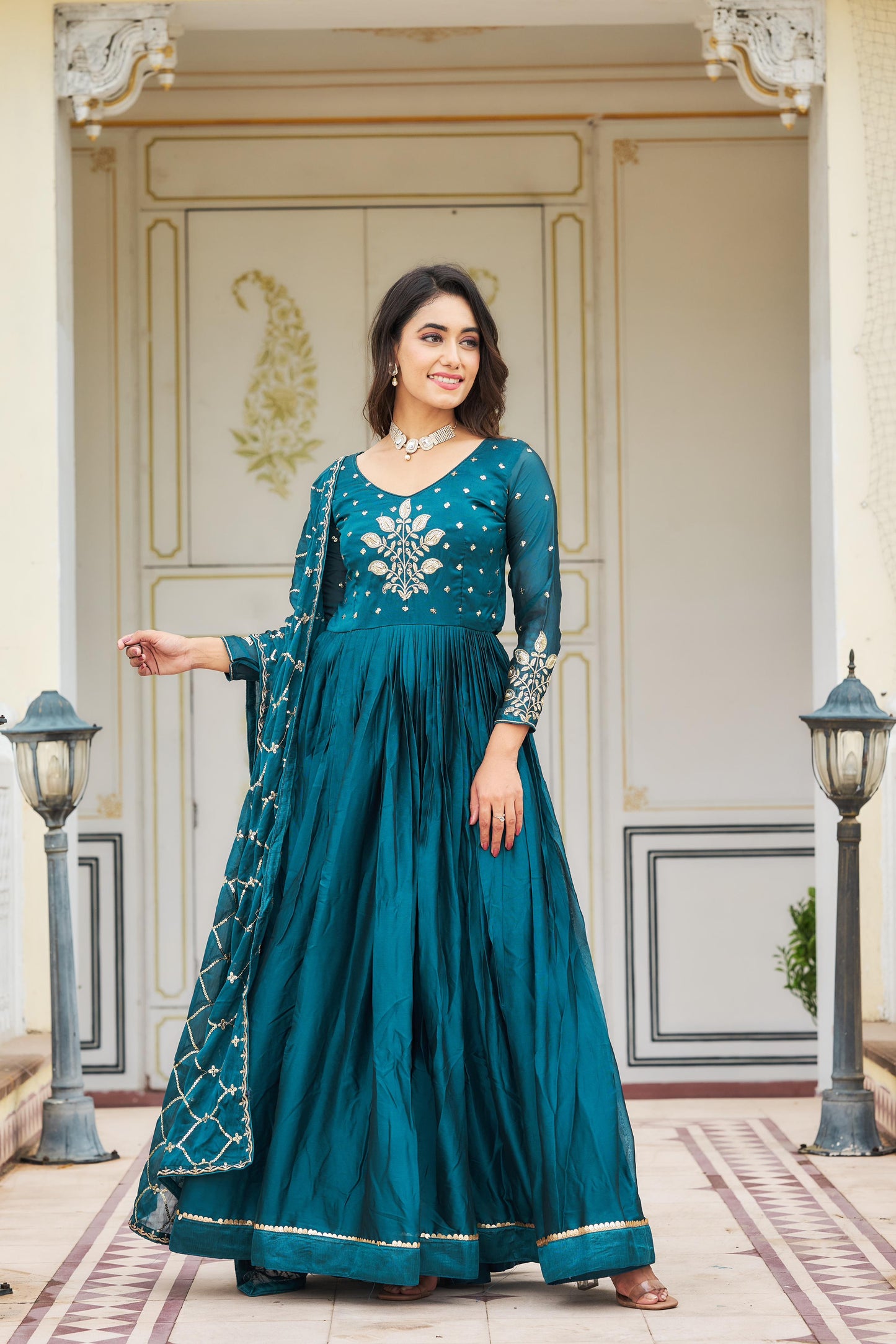 Awesome Rangoli Embroidery Work Teal Blue & Wine Color Gown Ram-022