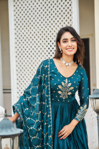 Awesome Rangoli Embroidery Work Teal Blue & Wine Color Gown Ram-022