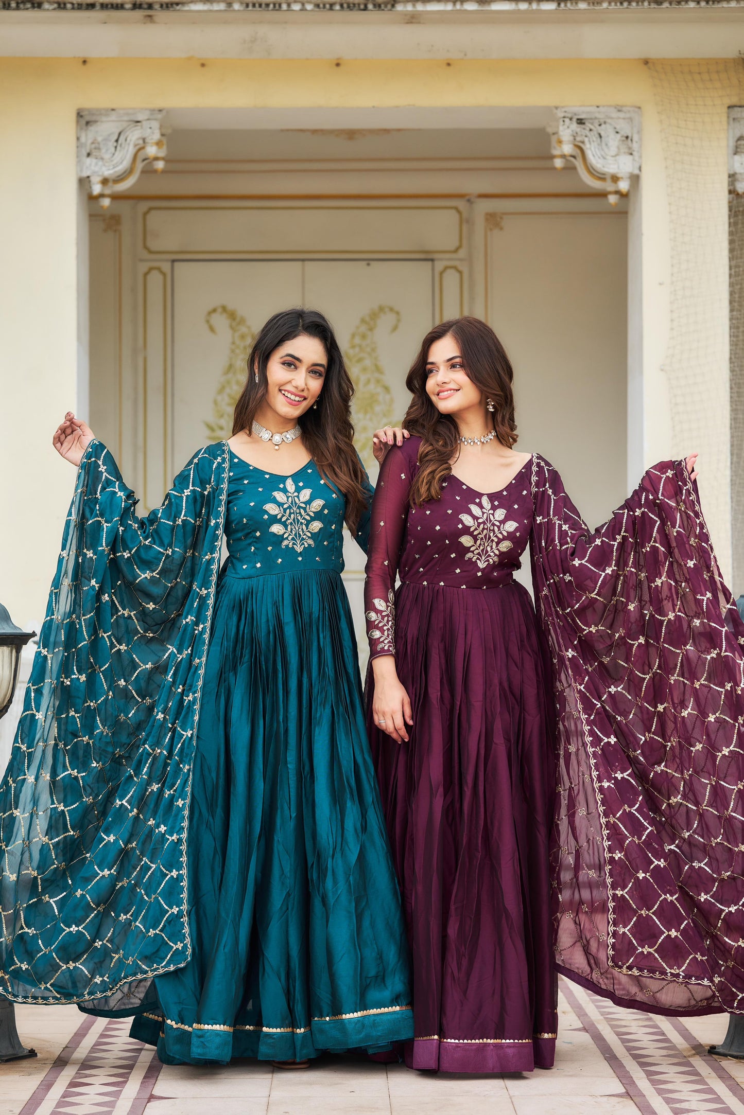 Awesome Rangoli Embroidery Work Teal Blue & Wine Color Gown Ram-022