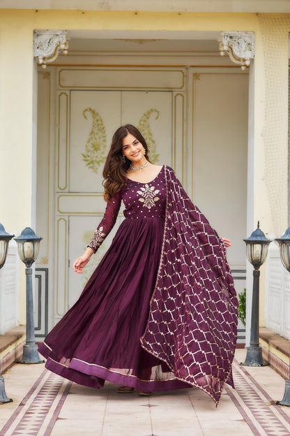 Awesome Rangoli Embroidery Work Teal Blue & Wine Color Gown Ram-022