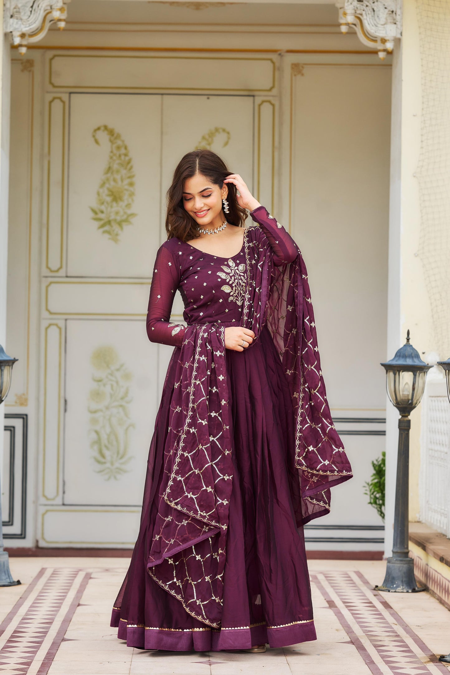 Awesome Rangoli Embroidery Work Teal Blue & Wine Color Gown Ram-022